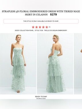 Dessy Collection Strapless Dress in Celadon Green with 3D Floral Appliqués